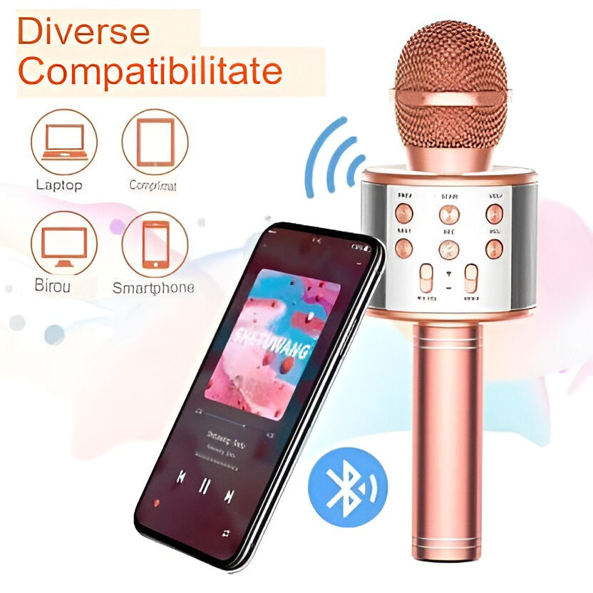 Microfon Karaoke, Vivimall, pentru Copii, Bluetooth, Boxa Incorporata, Compatibil cu Orice Smartphone, Acumulator Integrat, Multifunctional, Rose Gold - vivimall.ro