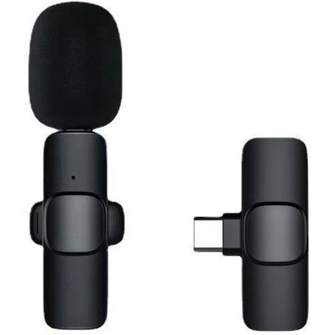 Microfon lavalieră wireless Bluetooth 5.0 cu receptor Type-C, culoare negru, vedere frontală