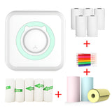 Mini Imprimanta Foto Portabila, Vivimall, 5 Role de Hartie Termica, 5 Role Autocolante, 3 Role Colorate, Pixuri, Incarcare USB, Model Pisica, Alb Verde - vivimall.ro