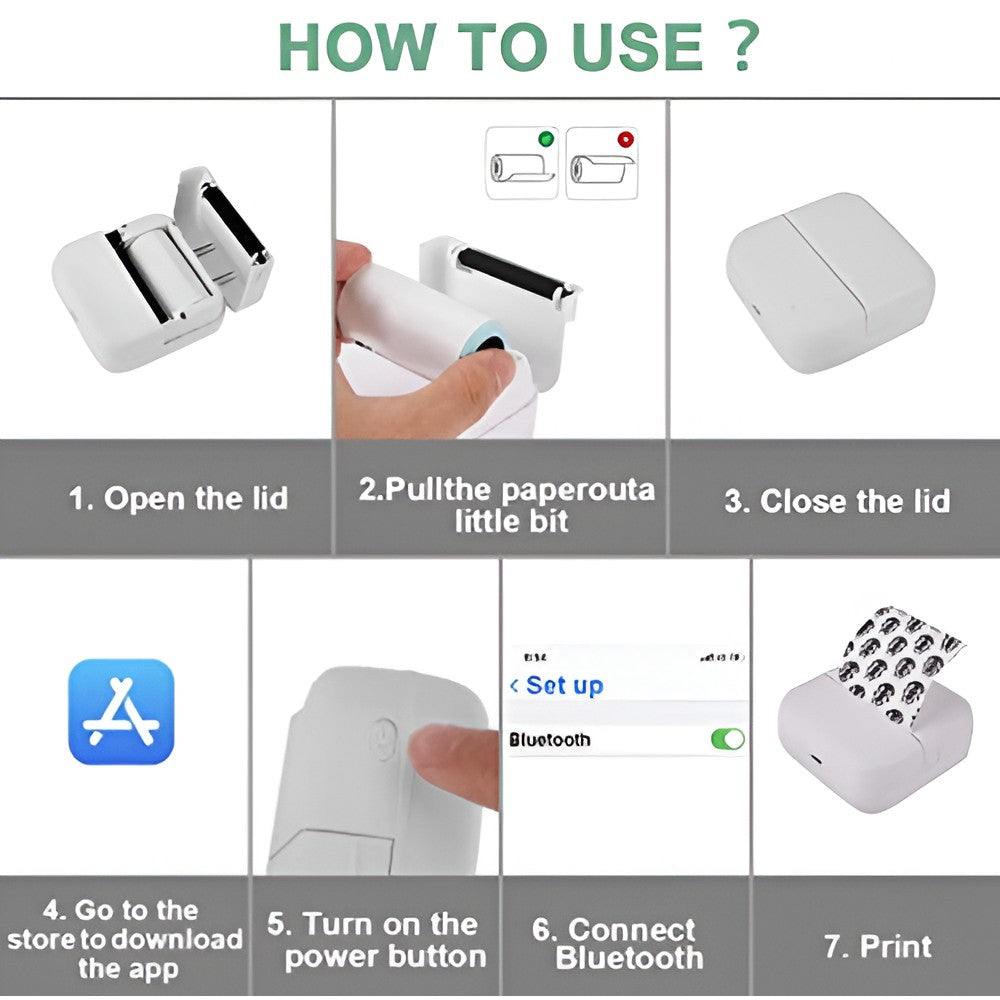 Mini Imprimanta Foto Portabila, Vivimall, 5 Role de Hartie Termica, 5 Role Autocolante, 3 Role Colorate, Pixuri, Incarcare USB, Model Pisica, Alb Roz - vivimall.ro