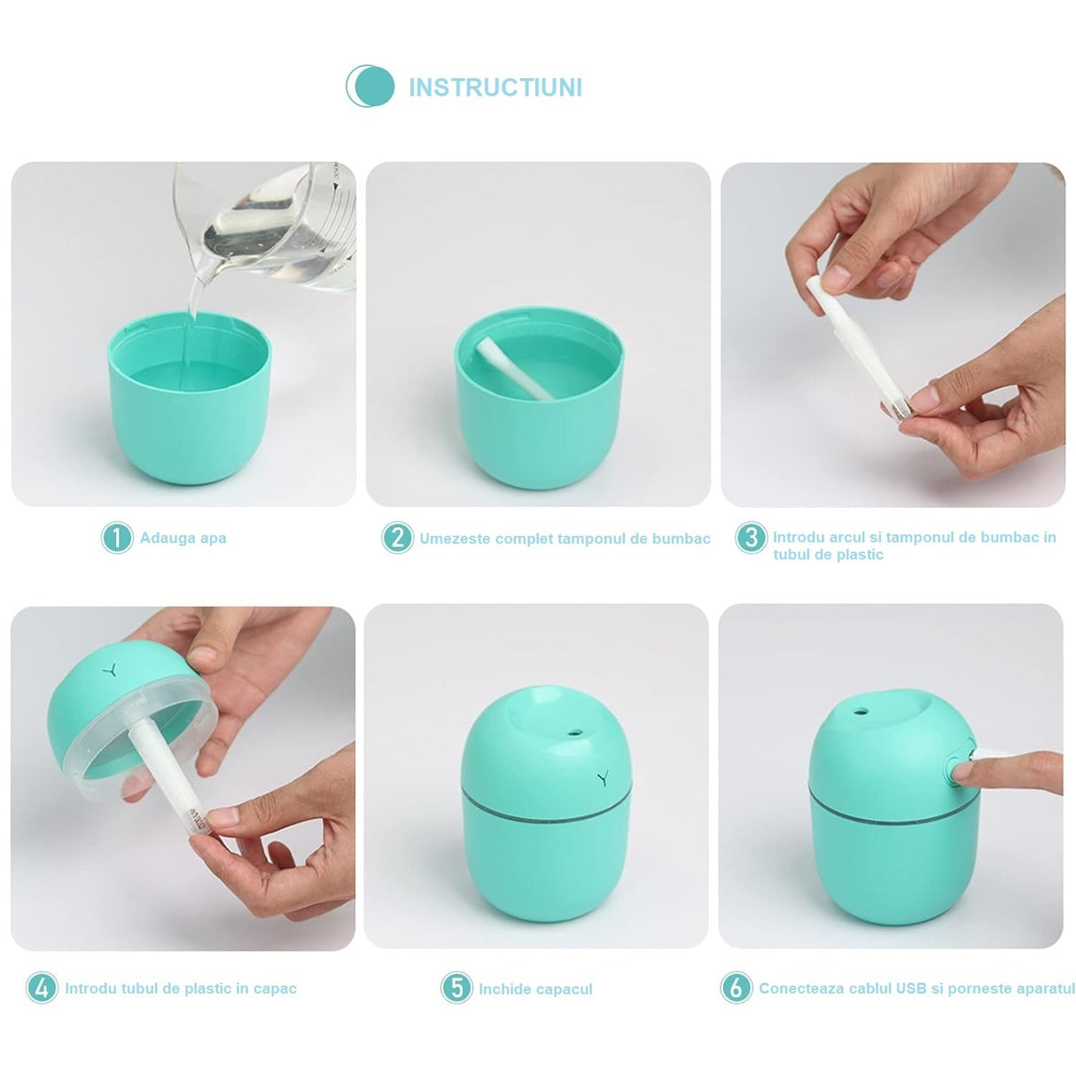 Mini Umidificator Portabil, Flippy, 2 Moduri, Aromaterapie, Silentios, Lumina Ambientala, Incarcare USB, 220 ml, 8 x 8 x 10.3 cm, Albastru - vivimall.ro