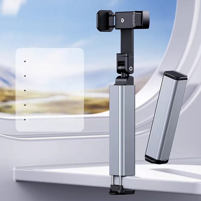 Suport telefon mobil pliabil rotativ telescopic negru gri, vedere frontală cu telefonul montat