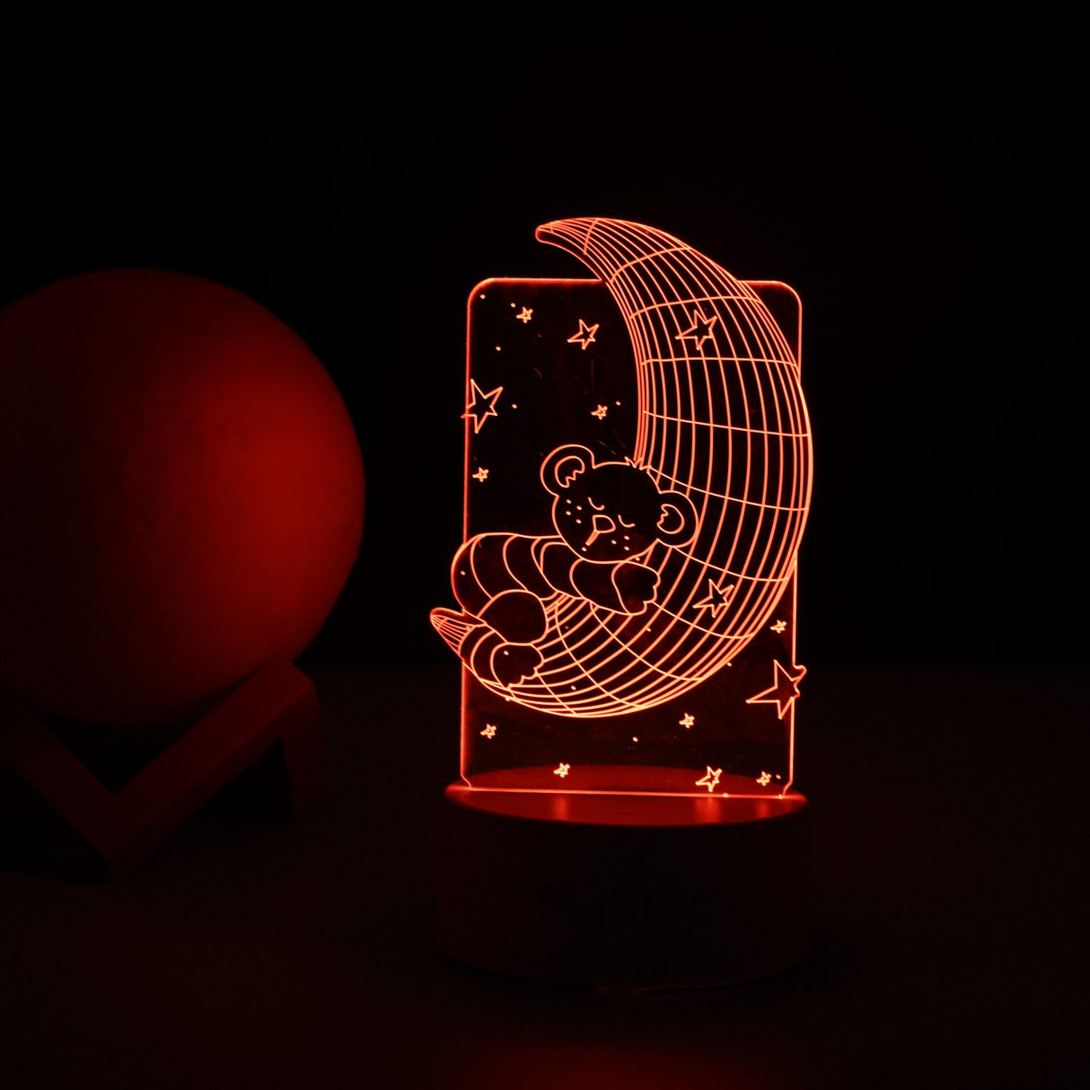 Lampa LED decorativa, Vivimall, 3D, Ursulet si Semiluna, cu telecomanda, doua moduri de alimentare USB si baterii, 20 cm inaltime, din material acril si lumina multicolora, alb - vivimall.ro