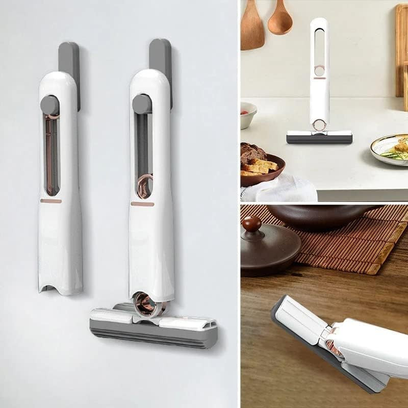 Mop de Mana Vivimall, Mini-Portabil, cu Sistem de Stoarcere, Dispozitiv de Curatat Manual, cu Burete Absorbant, din PVA, 29.5 x 15.5 cm, 2 Rezerve, Alb - vivimall.ro