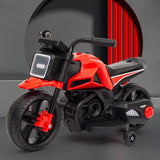 Motocicleta Electrica cu 2 Roti Mari si 2 Roti Ajutatoare, Vivimall, Acumulator Incarcare, Anti-Rasturnare, Lumini, Muzica, Motor:380, Baterie 6V4.5, 41.5x70x34 cm, 4.5 Kg, 3 Ani+, Rosu Negru - vivimall.ro