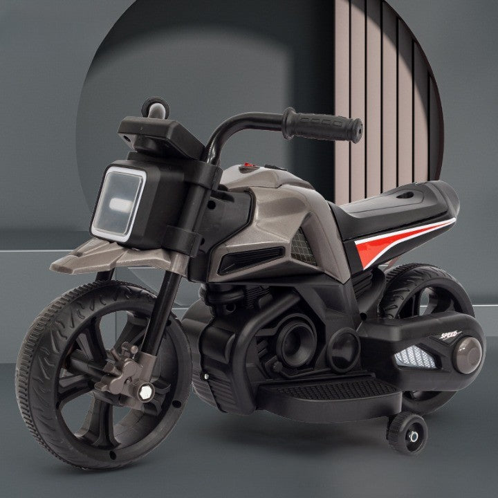 Motocicleta Electrica cu 2 Roti Mari si 2 Roti Ajutatoare, Vivimall, Acumulator Incarcare, Anti-Rasturnare, Lumini, Muzica, Motor:380, Baterie 6V4.5, 41.5x70x34 cm, 4.5 Kg, 3 Ani+, Gri Negru - vivimall.ro