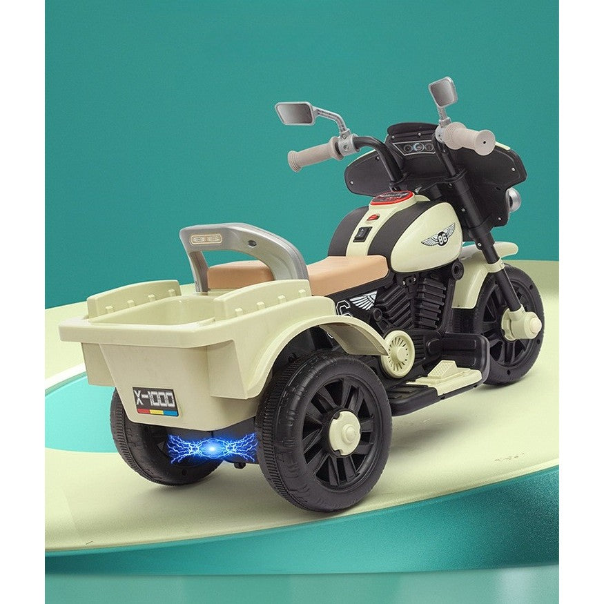 Motocicleta Electrica Vivimall, cu Acumulator, cu Sistem Anti-Rasturnare, Sistem de Lumini si Muzica, Cutie de Depozitare, 1-8 Ani, 93 x 43 x 58 cm, Alb - Bej - vivimall.ro