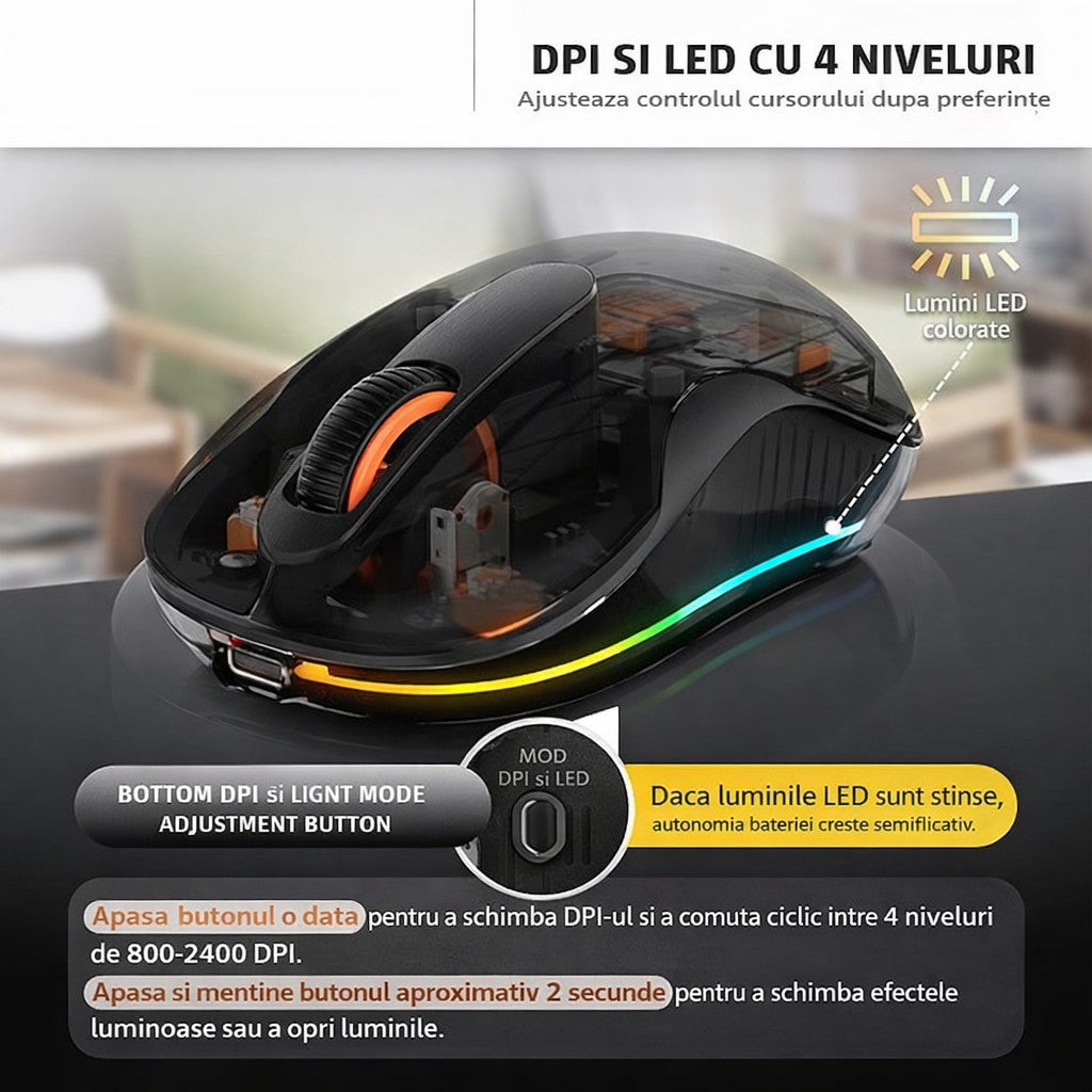 Mouse wireless Flippy negru, vedere laterală, design ergonomic compact cu iluminare LED