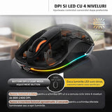 Mouse wireless Flippy negru, vedere laterală, design ergonomic compact cu iluminare LED