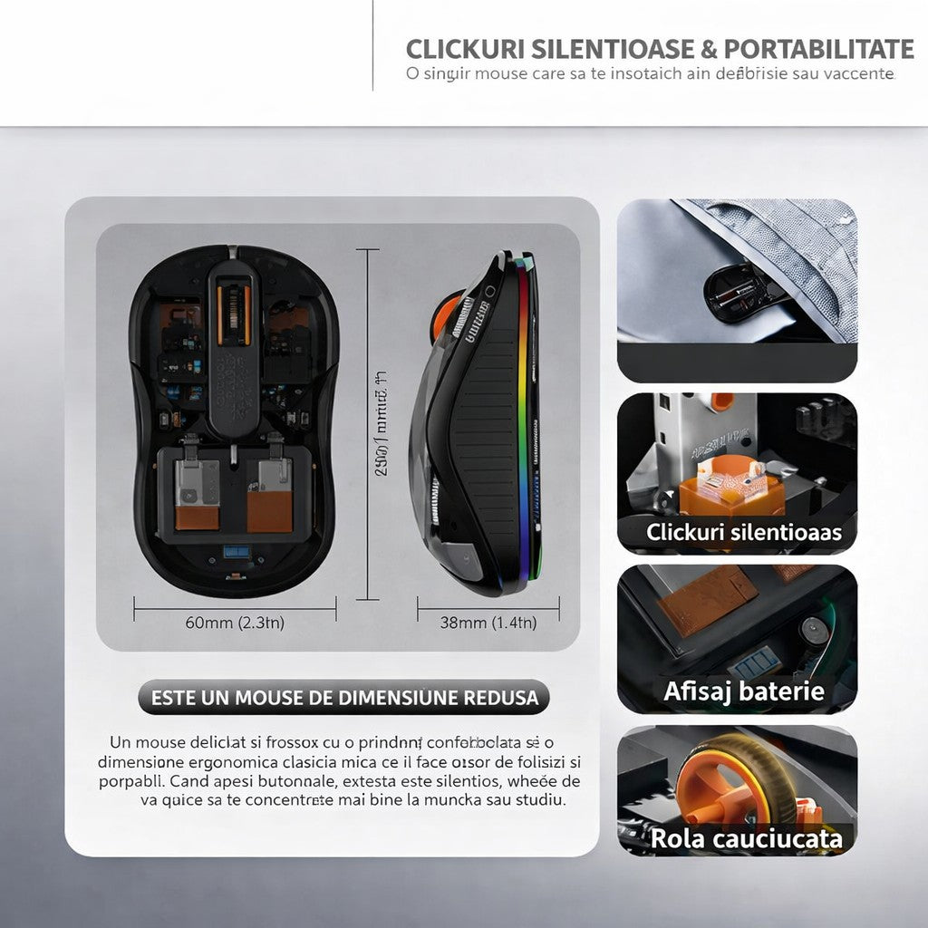 Mouse Flippy Multi Device, detaliu butoane silențioase și selector conectivitate Bluetooth