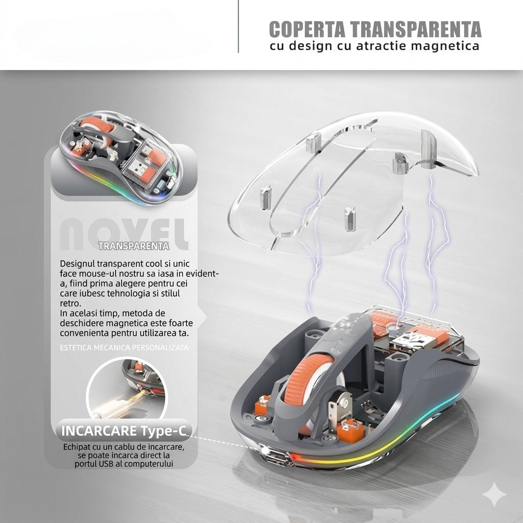 Mouse Flippy gri cu iluminare LED activată, detaliu butoane silențioase și scroll