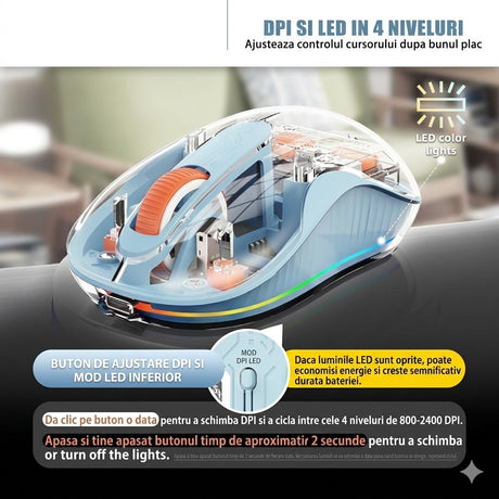 Mouse wireless Flippy albastru, vedere laterală, design ergonomic și iluminare LED