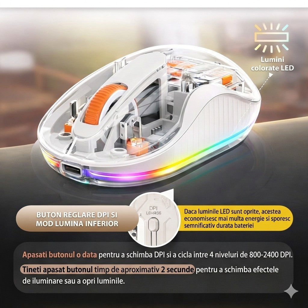 Mouse Flippy alb cu iluminare LED activată, receptor USB-C și butoane silențioase