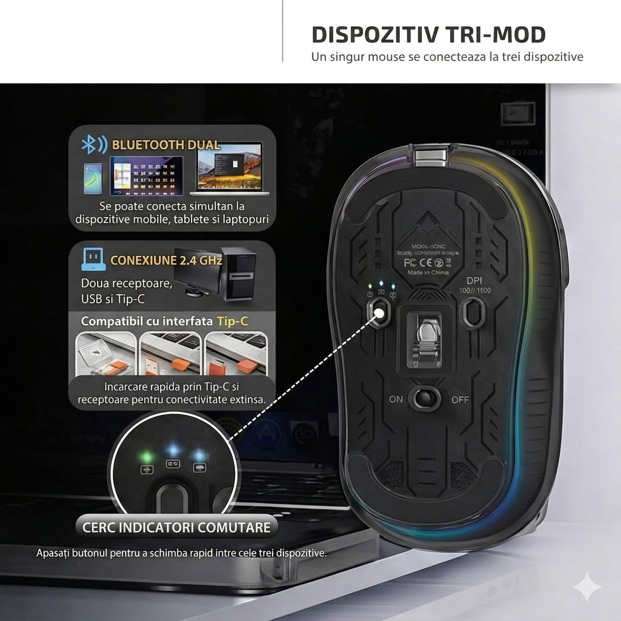 Mouse Flippy reîncărcabil, detaliu port USB-C de încărcare și roată de scroll, culoare negru