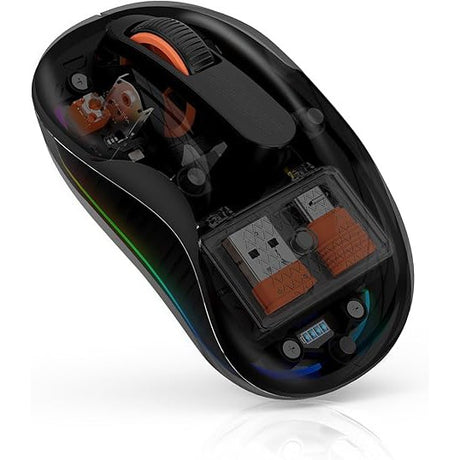 Mouse wireless Flippy negru, vedere frontală, Dual Bluetooth și USB-C 2.4 GHz, dimensiuni 10x6 cm