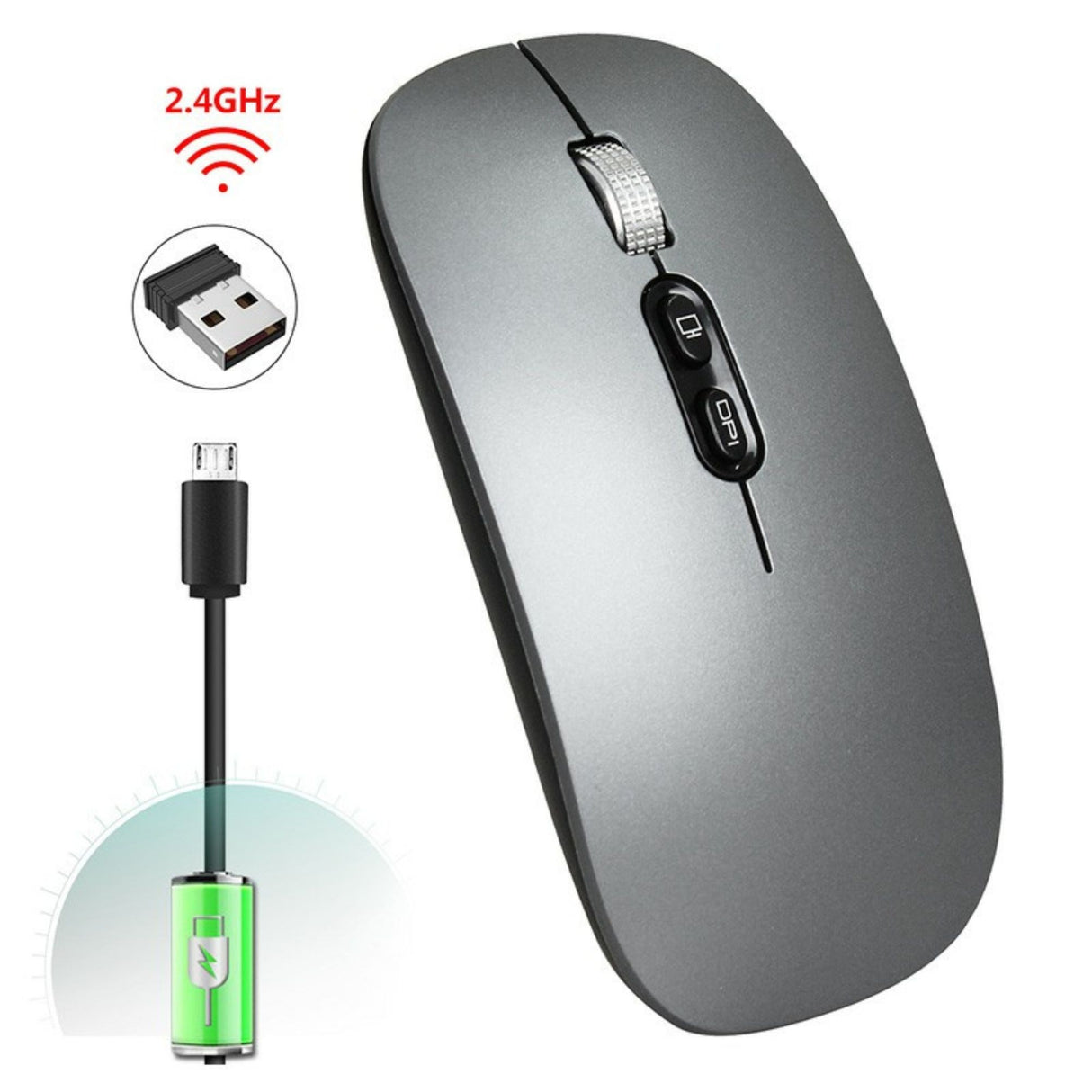 Mouse Flippy M103 gri închis, vedere laterală, profil slim și buton DPI vizibil