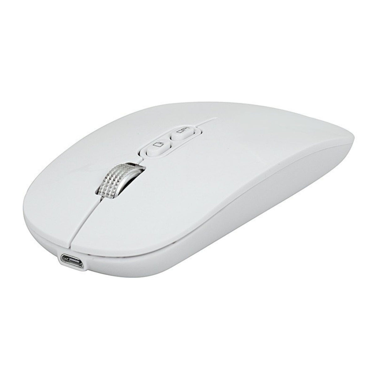 Mouse Flippy M103 alb în mână, demonstrând dimensiunile de 113 × 57 mm și greutatea ușoară