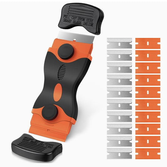 Racleta Multifunctionala pentru Curatare Sticla si Ceramica,- Design Ergonomic, Maner Anti-alunecare, Include 20 de Lame de Schimb, 12,5 x 4,5 cm, Portocaliu - vivimall.ro