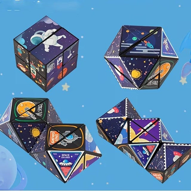 Jucarie Interactiva, Flippy, 3D Cub Rubik, Diferite Forme, Anti-stress, Tema Spatiu Cosmic, Multicolor