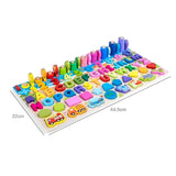 Puzzle 3D litere din lemn Flippy Montessori – detaliu piese alfabet colorate, inscripții pe fața inferioară