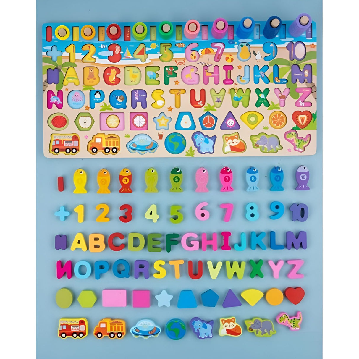 Joc de pescuit magnetic Flippy – 10 pești colorați și undiță cu magnet pe tabla logaritmică din lemn