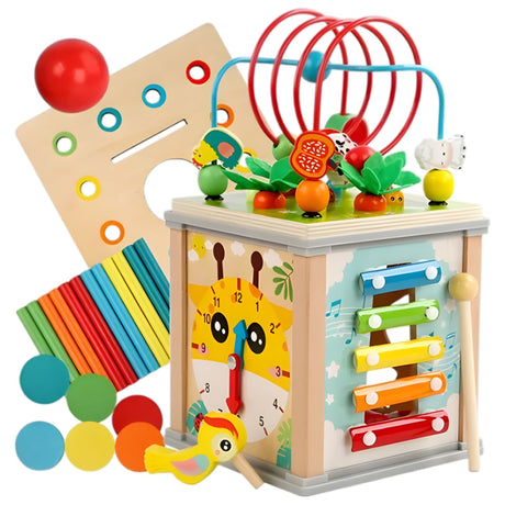 Cub Educativ Montessori din Lemn, Flippy, Multifunctional, Sortare Forme si Culori, Activitati Educative, Multicolor, Jucarie Interactiva - vivimall.ro