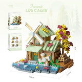 Detaliu piese set construcție Flippy Forest Log Cabin din ABS, 717 componente colorate, vedere de aproape