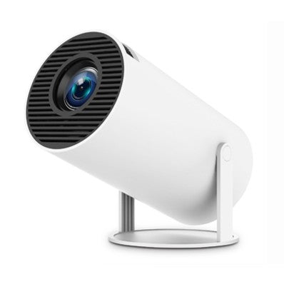 Videoproiector portabil HY300 alb, design cilindric compact, vedere frontală, dimensiuni 18×11×6 cm