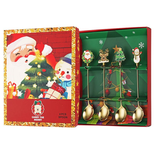 Set 4 Lingurite, Vivimall, Tema Craciun, Model Carry The Merry, 4 Modele, din Otel Inoxidabil, 19.5 x 16 x 2 cm, Multicolor - vivimall.ro