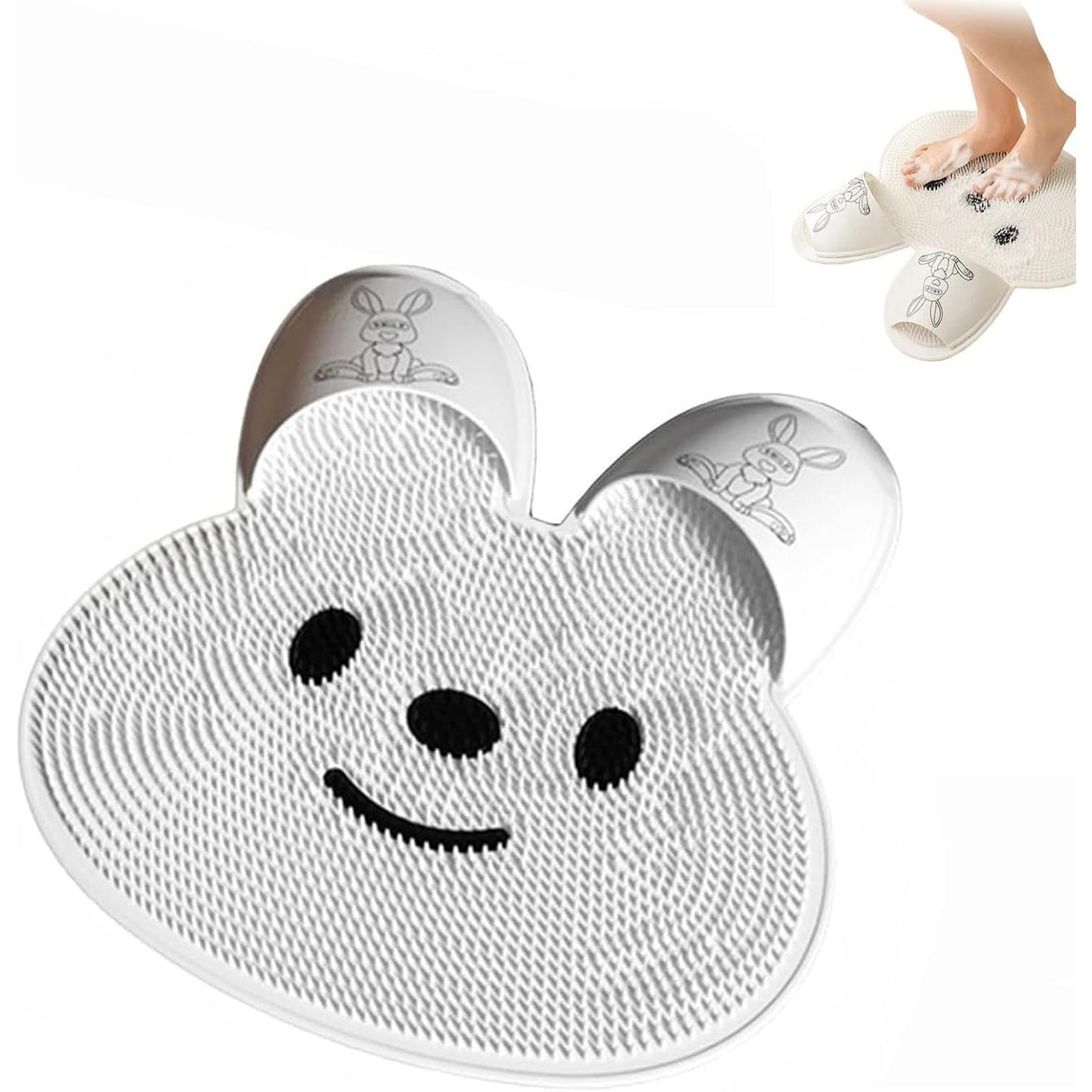 Covoras de Baie, Flippy, pentru Masaj/Spalat Picioare, din TPE, Antiderapant, 45 x 45 cm, Model Iepuras, Alb