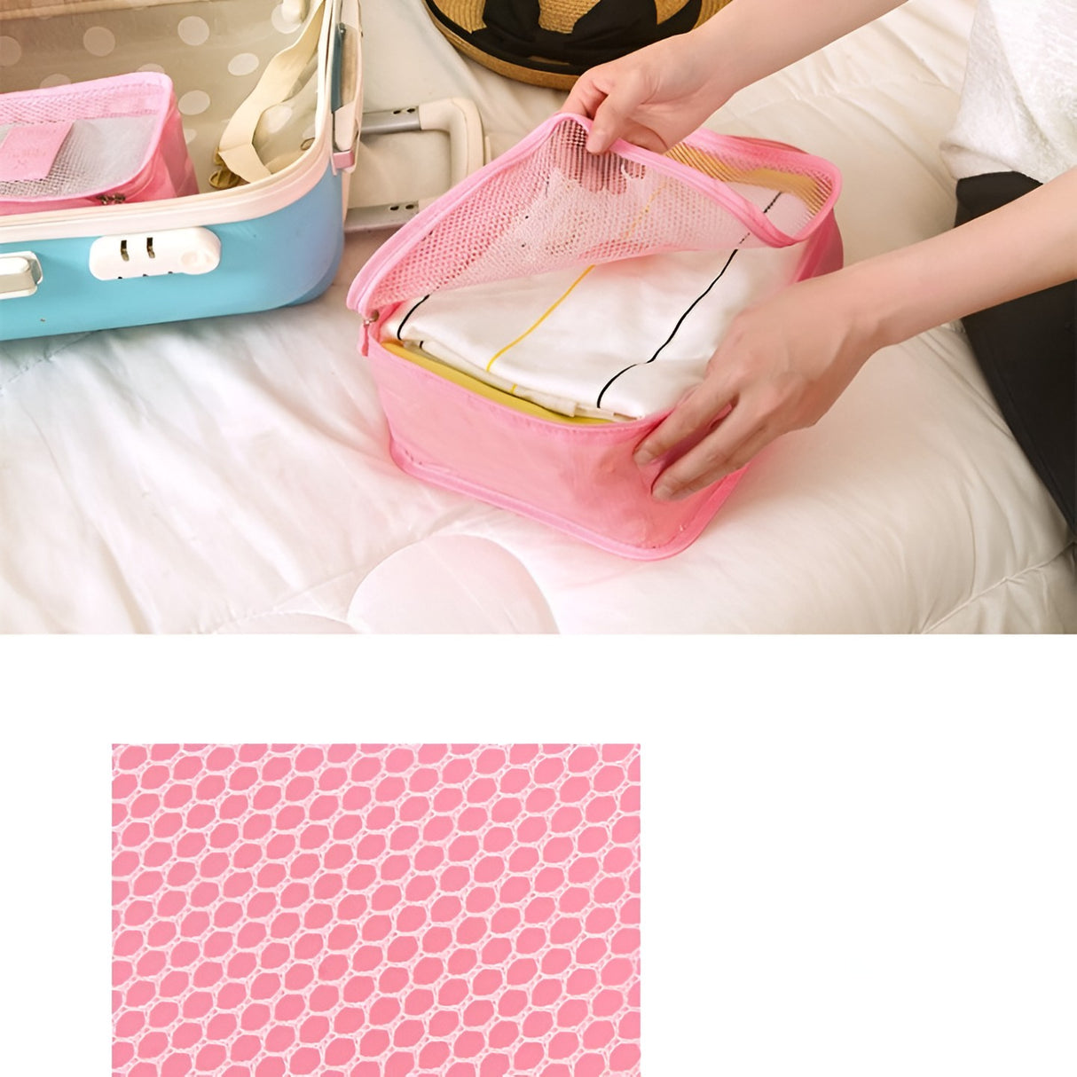 Set 6 Genți de Calatorie, Vivimall, pentru Depozitare, Impermeabile, Organizator, Multifuncționale, Design cu Plasa, Pliabile, Fermoar, Dimensiuni Diferite, Roz - vivimall.ro