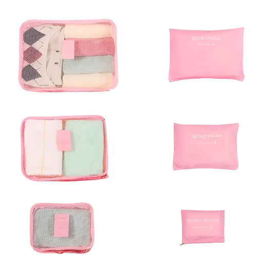 Set 6 Genți de Calatorie, Vivimall, pentru Depozitare, Impermeabile, Organizator, Multifuncționale, Design cu Plasa, Pliabile, Fermoar, Dimensiuni Diferite, Roz - vivimall.ro