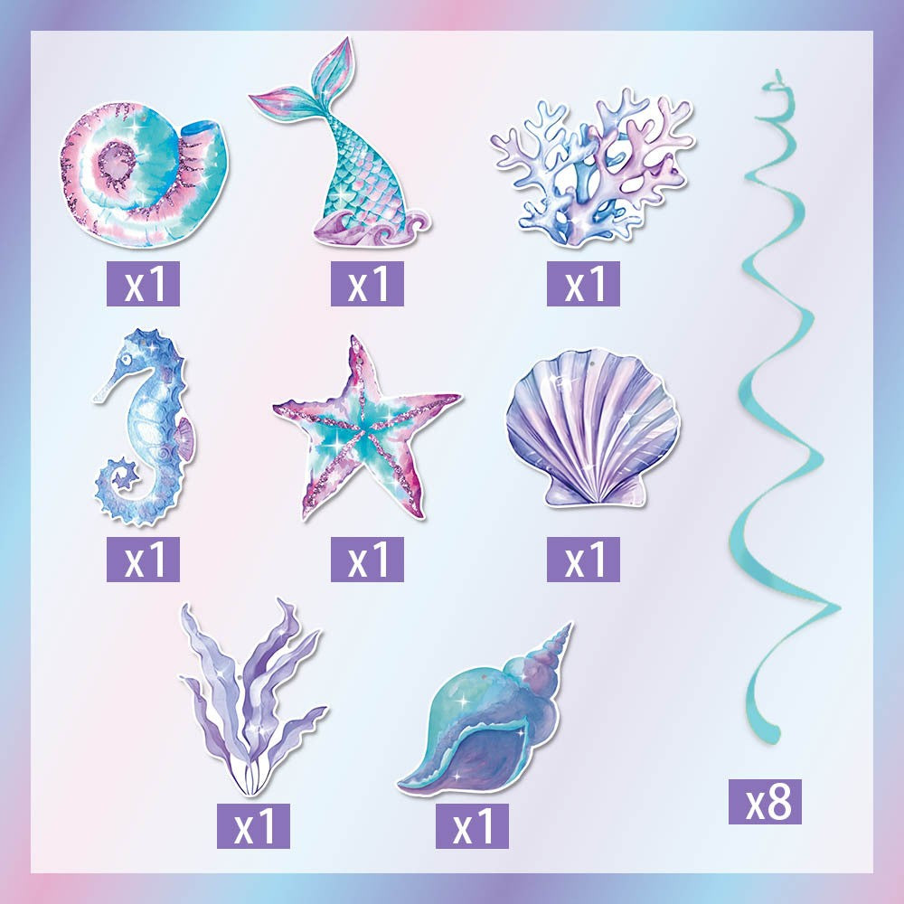 Set 8 Decoratiuni pentru Petrecere Sirena, Vivimall, Colectia Mermaid, Panglici Incluse, Multicolor - vivimall.ro