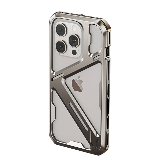 Husă Armor Metal iPhone 15 Pro din titan gri metalizat, vedere frontală completă