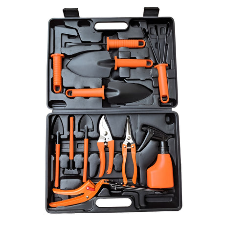 Set 12 Unelte de Gradina, Vivimall, pentru Plantare Prelucrare Sol si Ingrijire Plante, Manere Portocalii, Material PVC si Cardboard, Cutie Inclusa, 37x28 cm, Negru - vivimall.ro