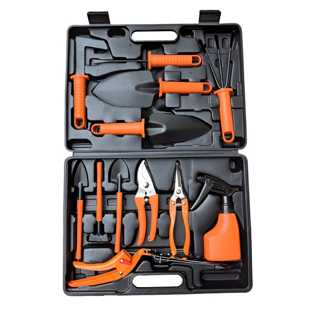 Set 12 Unelte de Gradina, Vivimall, pentru Plantare Prelucrare Sol si Ingrijire Plante, Manere Portocalii, Material PVC si Cardboard, Cutie Inclusa, 37x28 cm, Negru - vivimall.ro