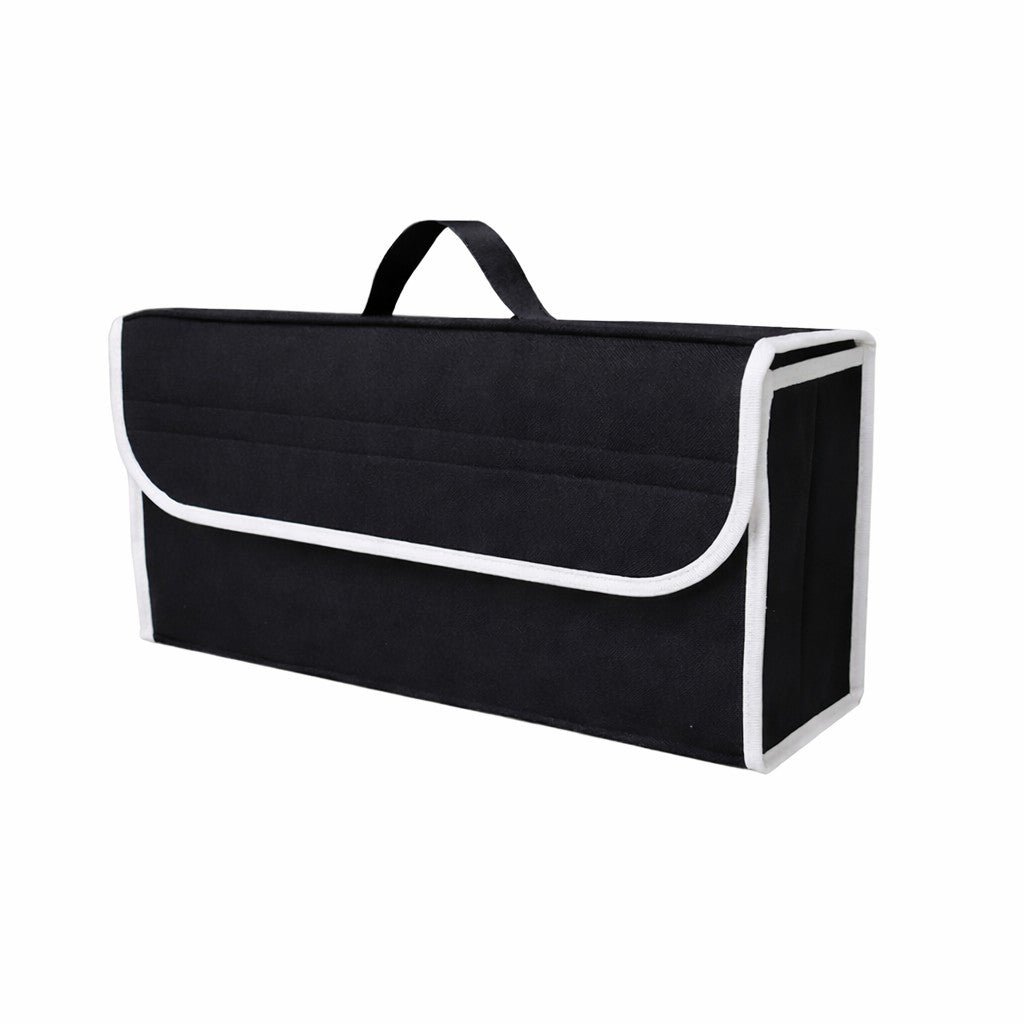 Organizator portbagaj auto pliabil Flippy, 50x17x24 cm, negru — vedere frontală cu compartimente vizibile
