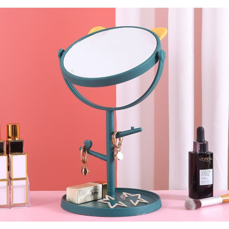 Oglina Cosmetica cu Picior, Vivimall, HD, Rotire 360 Grade, 15 cm Diametru, Suport Bijuterii Baza Rotunda + 2 Brate, Model cu Urechi, 31 x 14.5 x 15 cm, din Plastic, Albastru/Galben - vivimall.ro