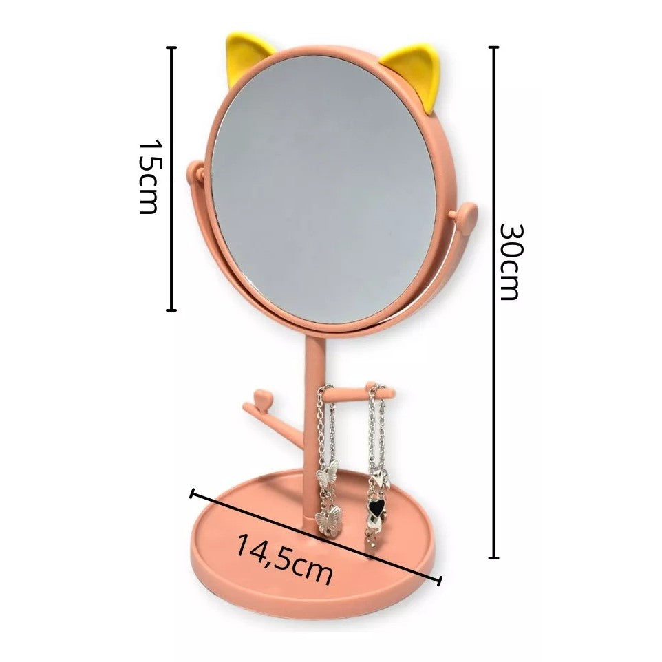 Oglina Cosmetica cu Picior, Vivimall, HD, Rotire 360 Grade, 15 cm Diametru, Suport Bijuterii Baza Rotunda + 2 Brate, Model cu Urechi, 31 x 14.5 x 15 cm, din Plastic, Roz/Galben - vivimall.ro