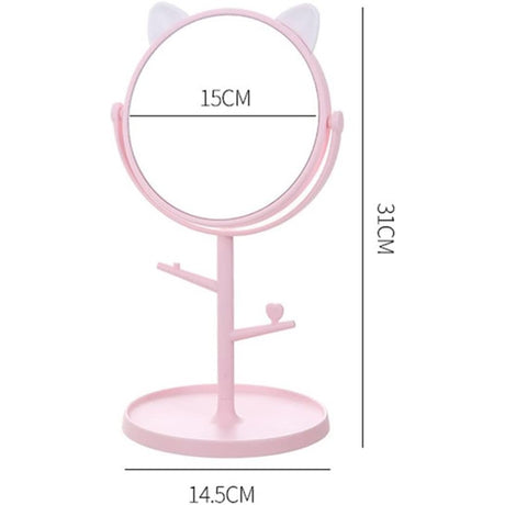 Oglina Cosmetica cu Picior, Vivimall, HD, Rotire 360 Grade, 15 cm Diametru, Suport Bijuterii Baza Rotunda + 2 Brate, Model cu Urechi, 31 x 14.5 x 15 cm, din Plastic, Roz/Alb - vivimall.ro