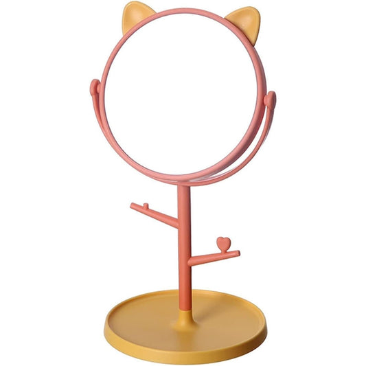 Oglina Cosmetica cu Picior, Vivimall, HD, Rotire 360 Grade, 15 cm Diametru, Suport Bijuterii Baza Rotunda + 2 Brate, Model cu Urechi, 31 x 14.5 x 15 cm, din Plastic, Portocaliu/Galben - vivimall.ro