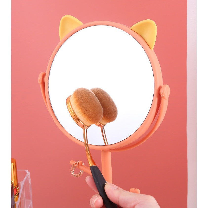 Oglina Cosmetica cu Picior, Vivimall, HD, Rotire 360 Grade, 15 cm Diametru, Suport Bijuterii Baza Rotunda + 2 Brate, Model cu Urechi, 31 x 14.5 x 15 cm, din Plastic, Portocaliu/Galben - vivimall.ro