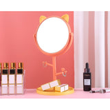 Oglina Cosmetica cu Picior, Vivimall, HD, Rotire 360 Grade, 15 cm Diametru, Suport Bijuterii Baza Rotunda + 2 Brate, Model cu Urechi, 31 x 14.5 x 15 cm, din Plastic, Portocaliu/Galben - vivimall.ro