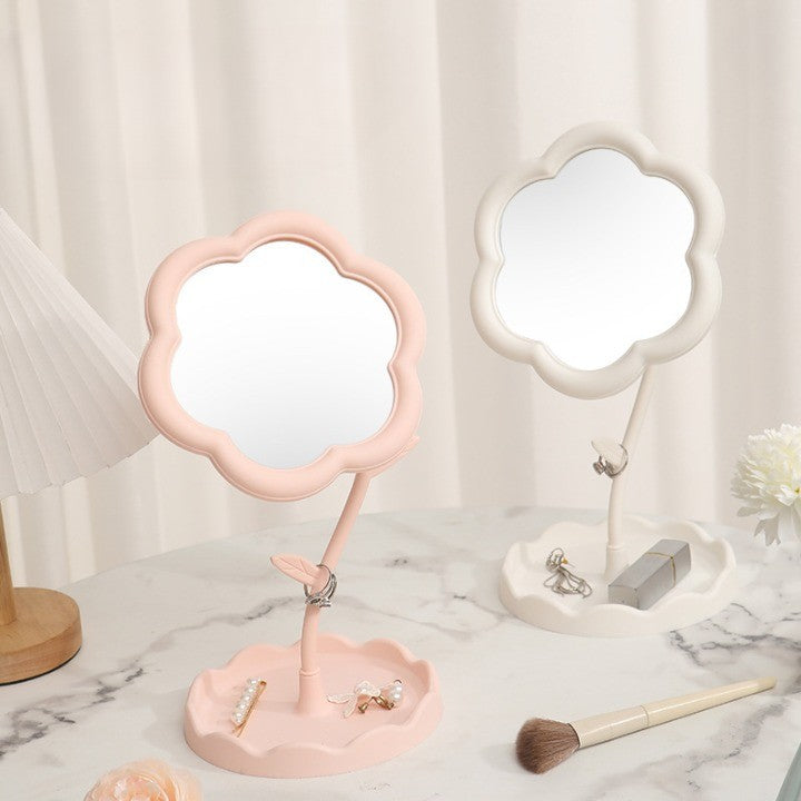 Oglindă de Machiaj pentru Birou, Vivimall, Rotativă, Detasabilă, Model de Floarea Soarelui, Suport pentru Inele, cu Depozitare, Roz - vivimall.ro