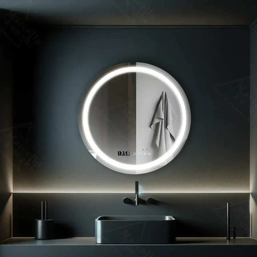 Oglinda Led Rotunda, 70Cm, Celeste Motionglow Marcello, Sistem Dezaburire, Ceas & Termometru - vivimall.ro