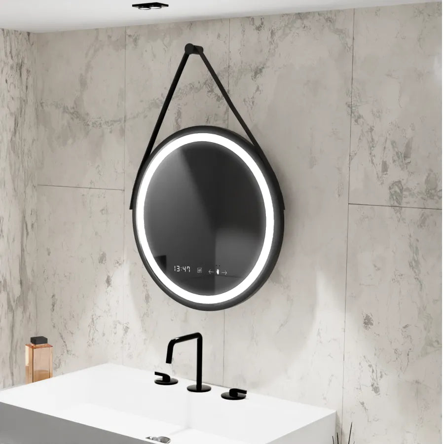 Oglinda Led Rotunda, 60Cm, Celeste Majeste Noir Eleve Motionglow Marcello, Sistem Dezaburire, Ceas & Termometru - vivimall.ro