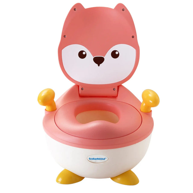 Olita pentru Copii, Vivimall, +6 luni, Compartiment Detasabil, cu Capac, Antiderapanta, din Plastic, Colac Moale, Model Animat Vulpe, cu Maner, 34.5 x 35 x 23 cm, Roz/Alb - vivimall.ro