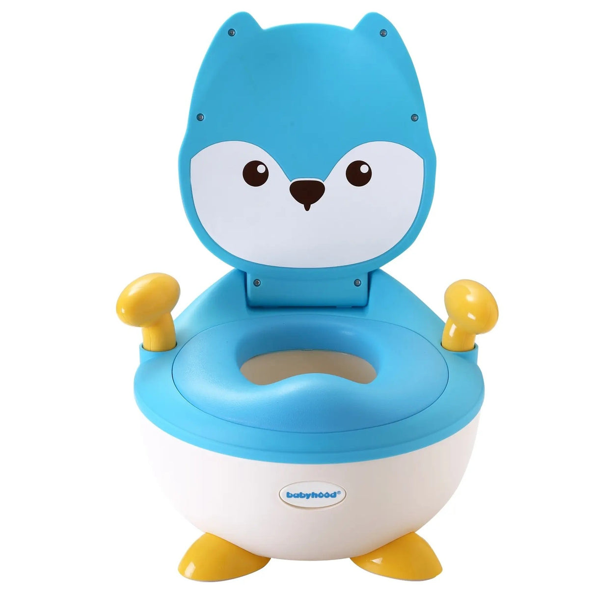 Olita pentru Copii, Vivimall, +6 luni, Compartiment Detasabil, cu Capac, Antiderapanta, din Plastic, Colac Moale, Model Animat Vulpe, cu Maner, 34.5 x 35 x 23 cm, Albastru/Alb - vivimall.ro