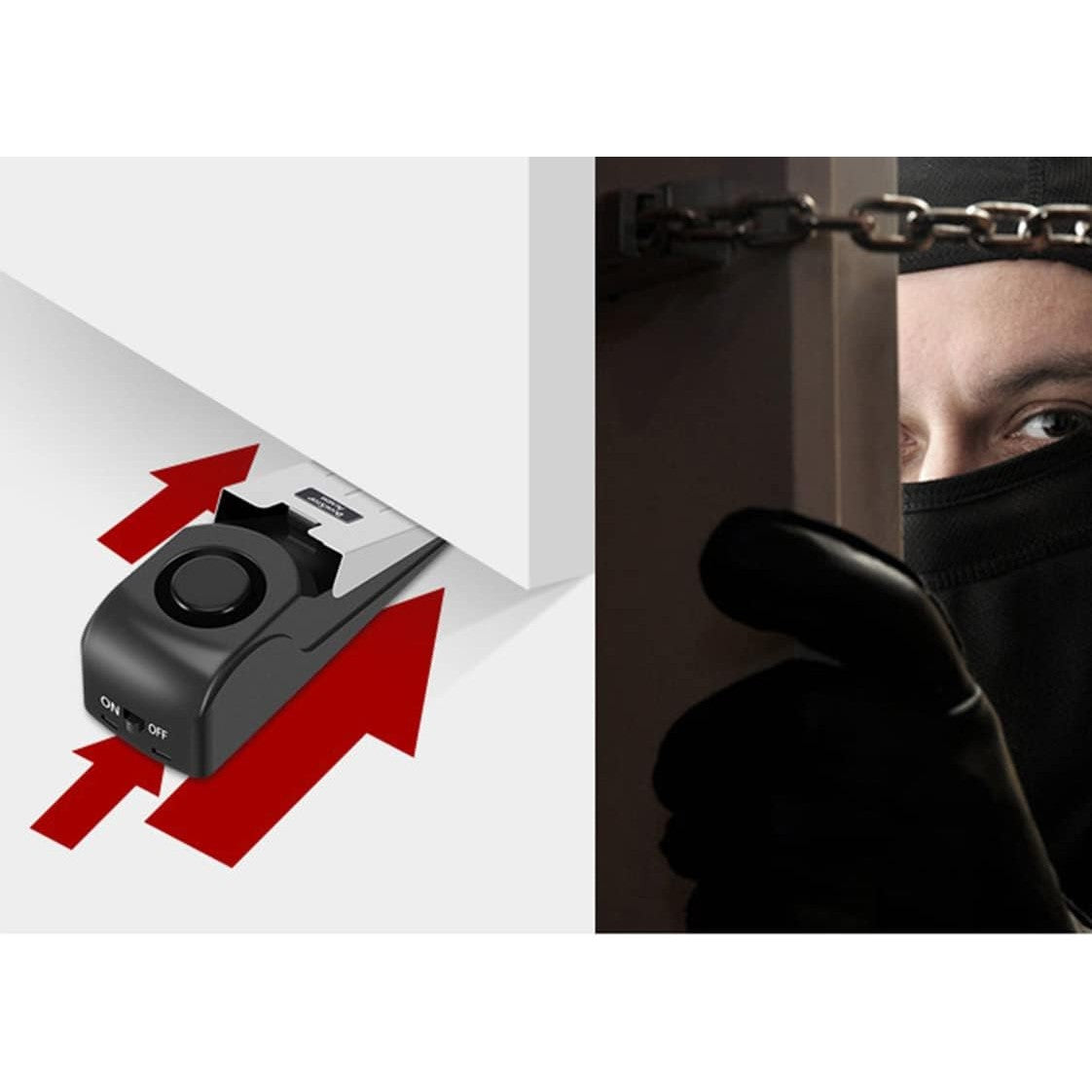 Opritor pentru Usa cu Alarma, Vivimall, 120DB, cu Baterii, cu 3 Trepte de Sensibilitate, Antialunecare, Buton ON-OFF, 14x4.5x4 cm, Negru - vivimall.ro