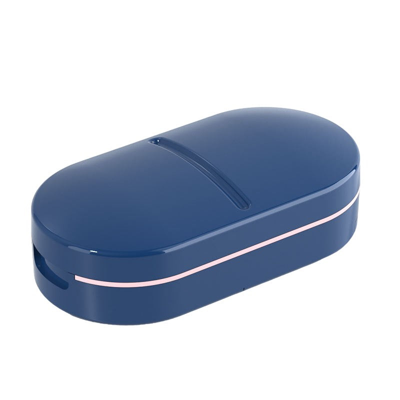 Organizator medicamente, Vivimall, Dispozitiv Taiere/Sfaramare Pastile, Ideala pentru Calatorii, Portabila, Perie pentru Curatare, Compartiment depozitare, 8.5x4.5x2.5 cm, Albastru - vivimall.ro
